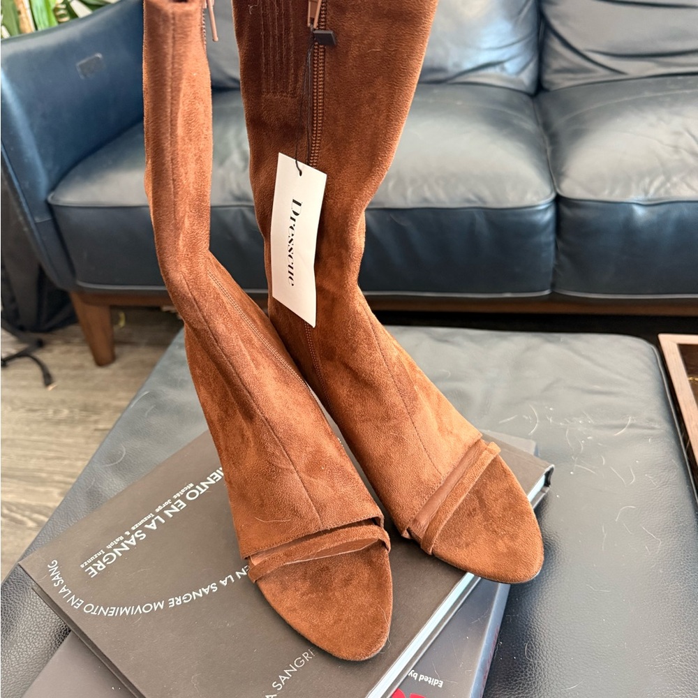 Diverse Brown Suede Knee-High Peep-Toe Boot